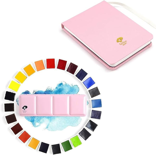 AOOKMIYA  Paul Rubens Watercolor Paint Set Artist Grade 24 Vivid Colors，100% Cotton Hot Press Watercolor Journal 3.8’’ x 5.2’’, 20 Sheets (140lb/300gsm for Artists, Beginners, Hobbyists, Students