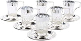Soleter Tea and Coffee Glass Cups with Iron Holder and Saucers| British Tea Cups | Set of 6 (Silver)