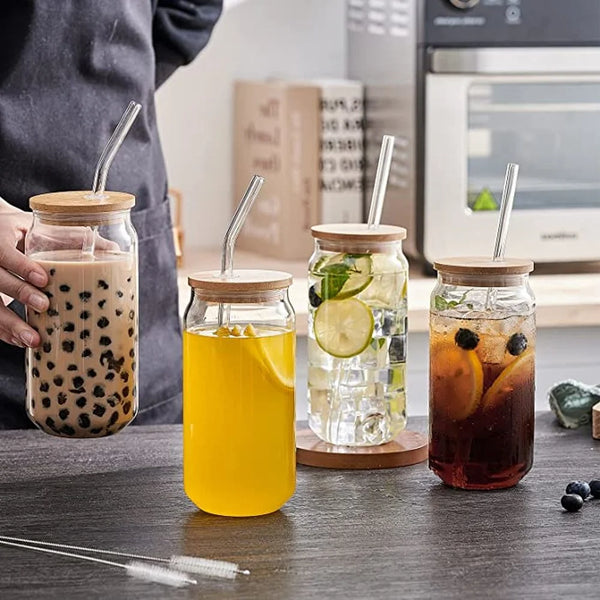 Bamboo Lid and Straw, Beer Can Glass Lid, Glass Straw, Bamboo Lid, Straw  Cleaning Brush accessories Only Beer Can Glasses Sold Separately 