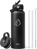 BUZIO Stainless Steel Water Bottle (Cold for 48 Hrs, Hot for 24 Hrs), 40 oz Vacuum Insulated Water Bottle with Straw Lid and Flex Cap (Double Wall, Wide Mouth, BPA Free, Leak Proof, Sweat Free), Black