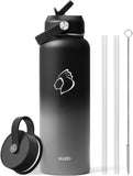 BUZIO Stainless Steel Water Bottle (Cold for 48 Hrs, Hot for 24 Hrs), 40 oz Vacuum Insulated Water Bottle with Straw Lid and Flex Cap (Double Wall, Wide Mouth, BPA Free, Leak Proof, Sweat Free), Black