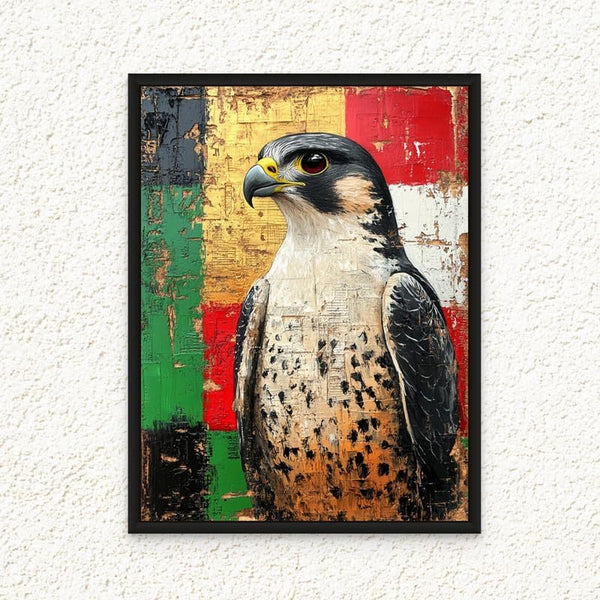 لوحة فنية جدارية مؤطرة من القماش بتصميم علم دولة الامارات العربية المتحدة بالوان علم الامارات العربية المتحدة، لوحة مطبوعة على شكل طائر وطني، ديكور حائط للمكتب وغرفة المعيشة، هدية 75 × 100 سم