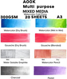 AOOK Watercolor Paper Pad 11.69X16.53''(140lb/300GSM) 20 Sheets Mix Paper Pad, Side Wire Bound, Fine Texture, In Gouache Acrylic Art Pad for Sketching, Ink Sketch book, Art Supplies Drawing Pad Gift (2Pack A3 ) (03Delia+05Victoria, A3 2SET)