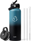 BUZIO Stainless Steel Water Bottle (Cold for 48 Hrs, Hot for 24 Hrs), 40 oz Vacuum Insulated Water Bottle with Straw Lid and Flex Cap (Double Wall, Wide Mouth, BPA Free, Leak Proof, Sweat Free), Black
