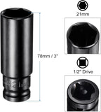 uxcell 1/2" Drive 21mm 6-Point Deep Impact Sockets 3" Length with 1/2" to 1/4" Hex Shank Adapters Phosphate Coated, CR-V Steel Socket Adapter Accessory Set Kit for Hex Bolts Nuts