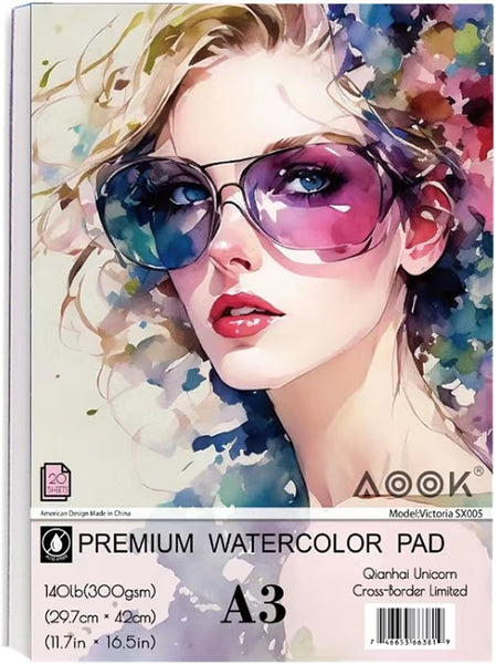 AOOK A3 Watercolor Paper Pad, Watercolor painting paper, 11.69X16.53 "(140lb/300GSM) 20 sheet mixed paper mat, top packaging, fine texture, suitable for watercolor, watercolor, and acrylic art mats. (1PCS)