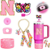 Mity rain 6PCS Cup Accessories Set for Stanley Cup 30oz 40oz, Tumbler Initials Decorations for Stanley, Including Silicone Straw Cover Cap and Boot, Spill Proof Stopper, Handle Charm, Sticker,Letter M