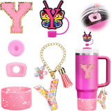 Mity rain 6PCS Cup Accessories Set for Stanley Cup 30oz 40oz, Tumbler Initials Decorations for Stanley, Including Silicone Straw Cover Cap and Boot, Spill Proof Stopper, Handle Charm, Sticker,Letter M