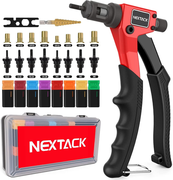 NEXTACK Rivet Nut Tool Rivet Nut Kit with a Step Drill Bit & 80 Nutserts for One-Handed in Tight Space, 8" Rivnut Tool Setter with 8 Mandrels Incl. 6-32 & 8-32 in Organized Rugged Carrying Case NT600