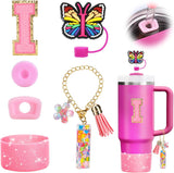 Mity rain 6PCS Cup Accessories Set for Stanley Cup 30oz 40oz, Tumbler Initials Decorations for Stanley, Including Silicone Straw Cover Cap and Boot, Spill Proof Stopper, Handle Charm, Sticker,Letter M