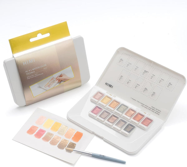 HIMI Metallic Watercolor Paint Set 12 Colors, Travel Water Colors with Paints Brushes, Crafts Painting Supplies, Shimmer Metallic Colourful Paints Sest, Drawing Gifts for Teens Adults Artists (Gold)