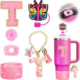 Mity rain 6PCS Cup Accessories Set for Stanley Cup 30oz 40oz, Tumbler Initials Decorations for Stanley, Including Silicone Straw Cover Cap and Boot, Spill Proof Stopper, Handle Charm, Sticker,Letter M