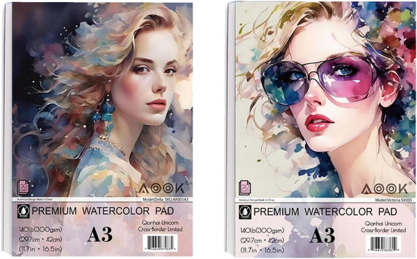 AOOK Watercolor Paper Pad 11.69X16.53''(140lb/300GSM) 20 Sheets Mix Paper Pad, Side Wire Bound, Fine Texture, In Gouache Acrylic Art Pad for Sketching, Ink Sketch book, Art Supplies Drawing Pad Gift (2Pack A3 ) (03Delia+05Victoria, A3 2SET)