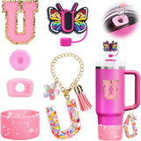 Mity rain 6PCS Cup Accessories Set for Stanley Cup 30oz 40oz, Tumbler Initials Decorations for Stanley, Including Silicone Straw Cover Cap and Boot, Spill Proof Stopper, Handle Charm, Sticker,Letter M