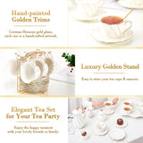 DUJUST 22 pcs White Porcelain Tea Set for 6, Luxury British Style Tea/Coffee Cup Set with Golden Trim, Beautiful Tea Set for Women, Tea Party Set, Gift Package (Including a Stand) - White