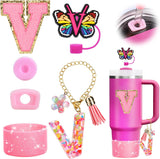 Mity rain 6PCS Cup Accessories Set for Stanley Cup 30oz 40oz, Tumbler Initials Decorations for Stanley, Including Silicone Straw Cover Cap and Boot, Spill Proof Stopper, Handle Charm, Sticker,Letter M