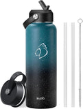 BUZIO Stainless Steel Water Bottle (Cold for 48 Hrs, Hot for 24 Hrs), 40 oz Vacuum Insulated Water Bottle with Straw Lid and Flex Cap (Double Wall, Wide Mouth, BPA Free, Leak Proof, Sweat Free), Black