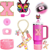 Mity rain 6PCS Cup Accessories Set for Stanley Cup 30oz 40oz, Tumbler Initials Decorations for Stanley, Including Silicone Straw Cover Cap and Boot, Spill Proof Stopper, Handle Charm, Sticker,Letter M