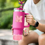 Mity rain 6PCS Cup Accessories Set for Stanley Cup 30oz 40oz, Tumbler Initials Decorations for Stanley, Including Silicone Straw Cover Cap and Boot, Spill Proof Stopper, Handle Charm, Sticker,Letter M