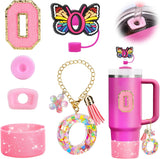 Mity rain 6PCS Cup Accessories Set for Stanley Cup 30oz 40oz, Tumbler Initials Decorations for Stanley, Including Silicone Straw Cover Cap and Boot, Spill Proof Stopper, Handle Charm, Sticker,Letter M