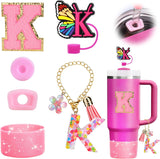 Mity rain 6PCS Cup Accessories Set for Stanley Cup 30oz 40oz, Tumbler Initials Decorations for Stanley, Including Silicone Straw Cover Cap and Boot, Spill Proof Stopper, Handle Charm, Sticker,Letter M