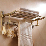 VoOqo Bathroom Towel Holder, Towel Rail Wall Mounted Aluminum Foldable Antique Brass Bath Towel Rack Active Bathroom Towel Holder Double Towel Shelf with Hooks Bathroom Accessories Convenient