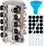 Rotating Spice Rack Set with 20 Spice Jars, Stainless Steel Spice Organizer, Spice Organizer with 48 Label, Funnel and Markers pen for Kitchen Countertops, Cabinets, Garlic, Salt Pepper