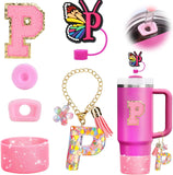 Mity rain 6PCS Cup Accessories Set for Stanley Cup 30oz 40oz, Tumbler Initials Decorations for Stanley, Including Silicone Straw Cover Cap and Boot, Spill Proof Stopper, Handle Charm, Sticker,Letter M