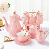 DUJUST 22 pcs White Porcelain Tea Set for 6, Luxury British Style Tea/Coffee Cup Set with Golden Trim, Beautiful Tea Set for Women, Tea Party Set, Gift Package (Including a Stand) - White