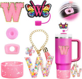 Mity rain 6PCS Cup Accessories Set for Stanley Cup 30oz 40oz, Tumbler Initials Decorations for Stanley, Including Silicone Straw Cover Cap and Boot, Spill Proof Stopper, Handle Charm, Sticker,Letter M