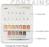 HIMI Metallic Watercolor Paint Set 12 Colors, Travel Water Colors with Paints Brushes, Crafts Painting Supplies, Shimmer Metallic Colourful Paints Sest, Drawing Gifts for Teens Adults Artists (Gold)