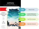 ورق ألوان مائية للفنانين من أرتوس A3 300 GSM - قطن 100%، معصور على البارد، خالٍ من الأحماض، ورق ألوان مائية يدوي للألوان المائية، أكريليك، جواش، حبر وسائل وسائط مختلطة، 24 ورقة