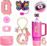 Mity rain 6PCS Cup Accessories Set for Stanley Cup 30oz 40oz, Tumbler Initials Decorations for Stanley, Including Silicone Straw Cover Cap and Boot, Spill Proof Stopper, Handle Charm, Sticker,Letter M