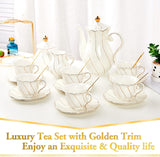 DUJUST 22 pcs White Porcelain Tea Set for 6, Luxury British Style Tea/Coffee Cup Set with Golden Trim, Beautiful Tea Set for Women, Tea Party Set, Gift Package (Including a Stand) - White