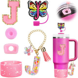 Mity rain 6PCS Cup Accessories Set for Stanley Cup 30oz 40oz, Tumbler Initials Decorations for Stanley, Including Silicone Straw Cover Cap and Boot, Spill Proof Stopper, Handle Charm, Sticker,Letter M