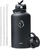 BUZIO Stainless Steel Water Bottle (Cold for 48 Hrs, Hot for 24 Hrs), 40 oz Vacuum Insulated Water Bottle with Straw Lid and Flex Cap (Double Wall, Wide Mouth, BPA Free, Leak Proof, Sweat Free), Black