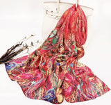 وشاح نسائي مالبيري 100% مطبوع عليه زهور وشاح طويل من الساتان شال ملفوف