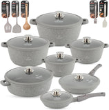 Cookware Set 29 pieces - LIFE SMILE Pots and Pans set Granite Non Stick Coating 100% PFOA FREE, Induction Base Cooking Set include Casseroles & Shallow Pot & Fry Pans & Silicone Utensils (Grey)