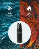 BUZIO Stainless Steel Water Bottle (Cold for 48 Hrs, Hot for 24 Hrs), 40 oz Vacuum Insulated Water Bottle with Straw Lid and Flex Cap (Double Wall, Wide Mouth, BPA Free, Leak Proof, Sweat Free), Black