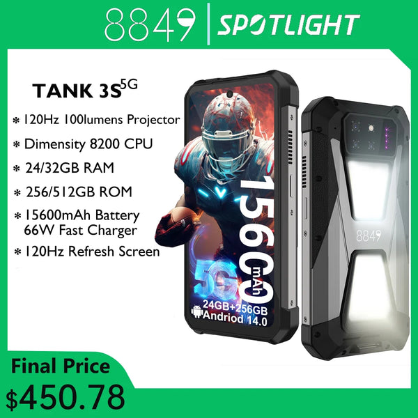 8849 Tank 3S Unihertz Rugged Smartphone with Projector 5G 24/32GB RAM 256/512GB ROM Dimensity 8200 64MP Night Vision Phone