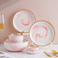 AOOKMIYA 9 18 26 32 Pcs Luxury Porcelain Dining Set Wedding Gold Rimmed Line Ceramic Dinnerware Plates And Bowl Pink Marble Tableware Set