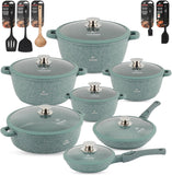 Cookware Set 29 pieces - LIFE SMILE Pots and Pans set Granite Non Stick Coating 100% PFOA FREE, Induction Base Cooking Set include Casseroles & Shallow Pot & Fry Pans & Silicone Utensils (Grey)