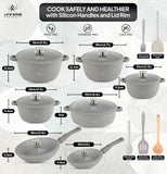 Cookware Set 29 pieces - LIFE SMILE Pots and Pans set Granite Non Stick Coating 100% PFOA FREE, Induction Base Cooking Set include Casseroles & Shallow Pot & Fry Pans & Silicone Utensils (Grey)
