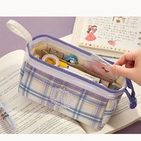 Angoo [A Class] Pen Case Pencil Bag Boat Shape Fresh Color Plaid Storage Pouch with Handle Organizer for Stationery School A6438