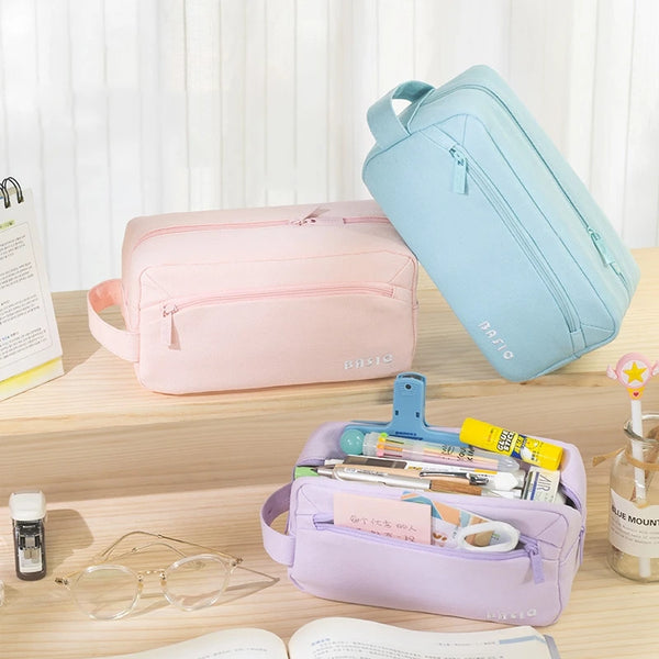 Angoo Basic Pencil Bag Pen Case Cream Color 3 Compartment Storage Pouch Pocket for Stationery School F7486