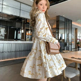 AOOKDRESS Autumn 2022 New Loose O-Neck Print Womens Dress Elegant Korean Style Concise Office Lady Vintage Fashion Casual Dress Female