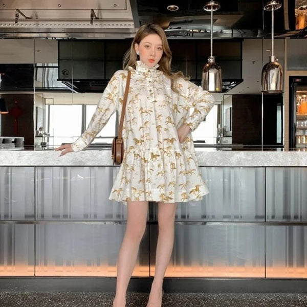 AOOKDRESS Autumn 2022 New Loose O-Neck Print Womens Dress Elegant Korean Style Concise Office Lady Vintage Fashion Casual Dress Female