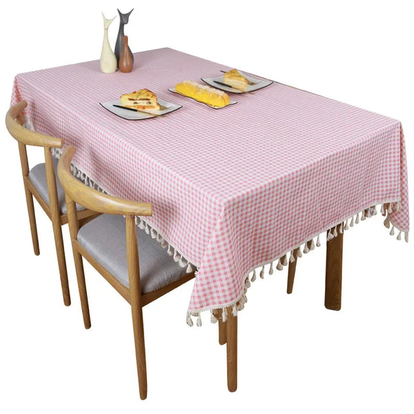 Cotton linen small check tablecloth tassel lace thickened simple pastoral style tea table table student tablecloth