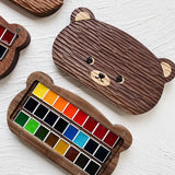 AOOKMIYA Cute Bear Walnut/Sapele Wooden Empty Watercolor Paint Box With Half Pans Professional Paint Palette Tray For Painting Art