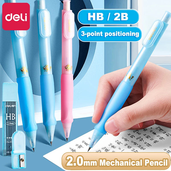 Deli 2.0mm Mechanical Pencil Set HB 2B Pencils Lead Refills for Kids Drawing Handwriting Posture Correction Automatic Pencil